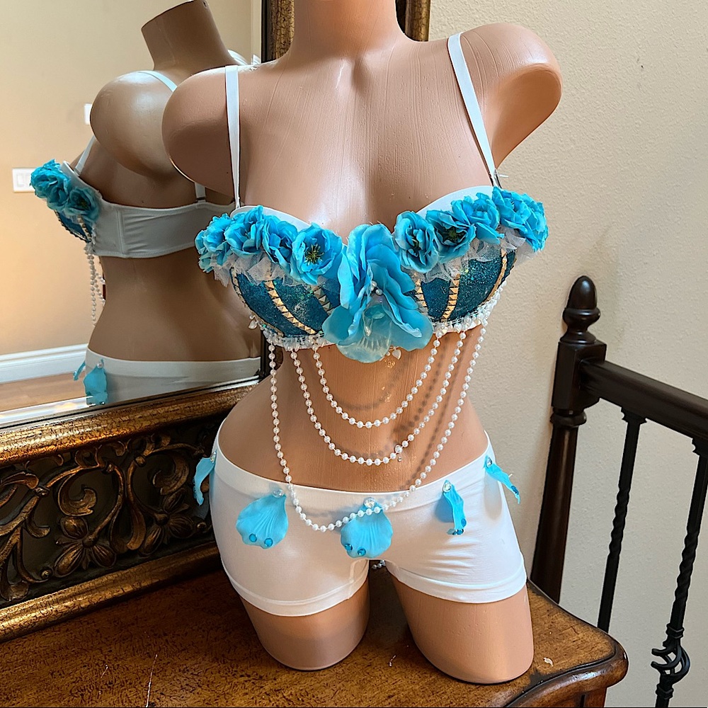 Sexy floral handmade sequined rave bra top and shorts Halloween costume